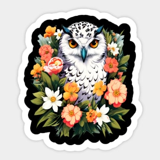 Cute Snowy Owl Surrounded by Bold Vibrant Spring Flowers Sticker